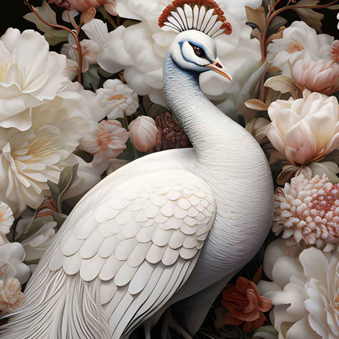 Royal White Peacock with Flowers