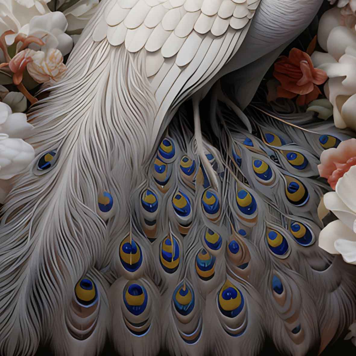 Royal White Peacock with Flowers